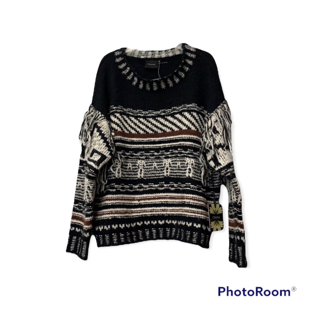 Cliche’ Fringe Sweater With Boho Print. Size M - image 6